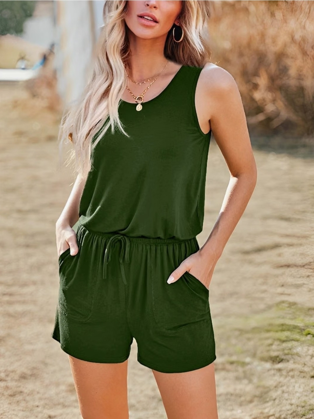 Adore Olive Green Sleeveless Drawstring Romper